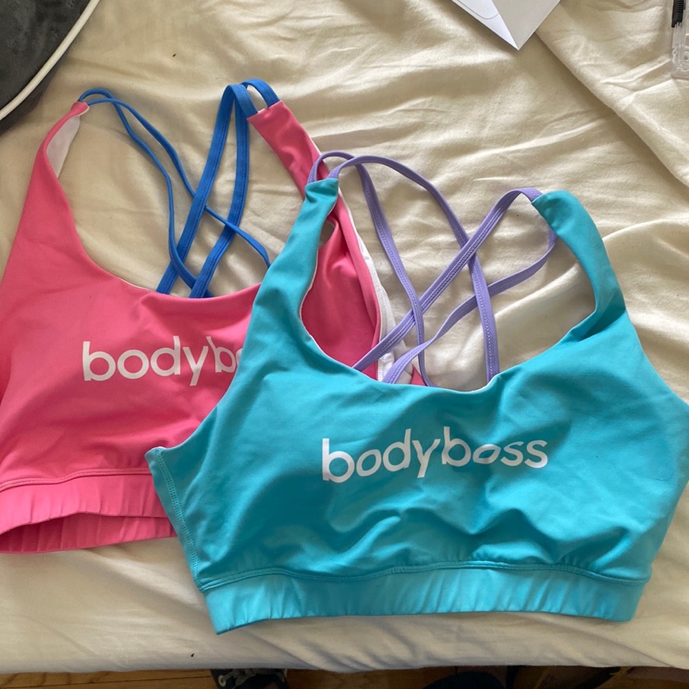 bodyboss crisscross sports bra set size L. Barely worn. Bright and fun colors